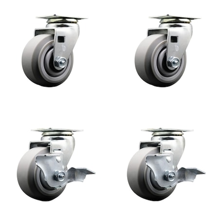 Service Caster 4 Inch Thermoplastic Rubber Swivel Caster Set with Roller Bearings 2 Brakes SCC-20S420-TPRRF-2-TLB-2